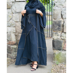 Luxury layered charcoal black abaya with gold accent