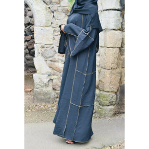 Luxury layered charcoal black abaya with gold accent